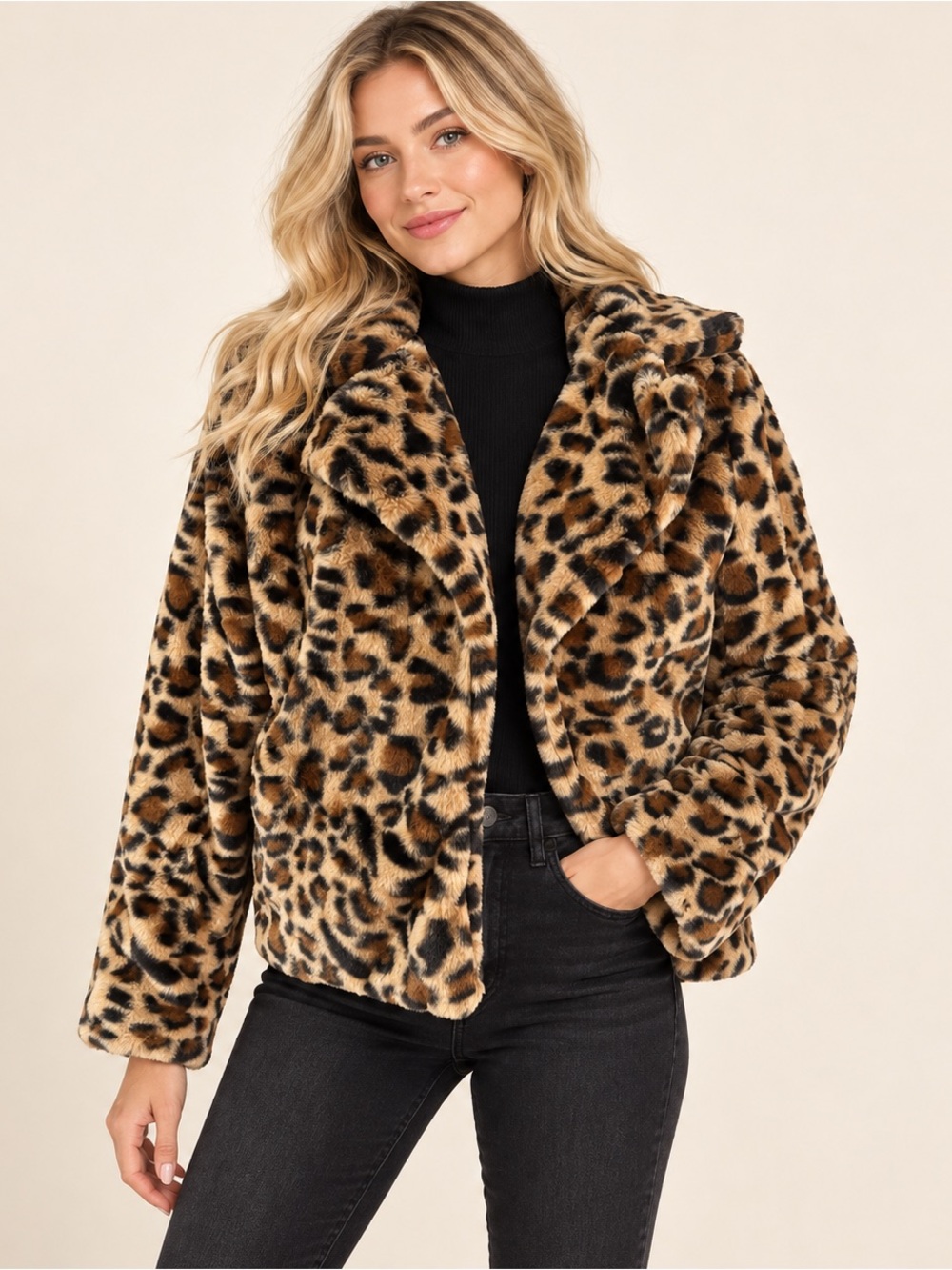 Love Tree Leopard Faux Fur Teddy Jacket - Brown/Black